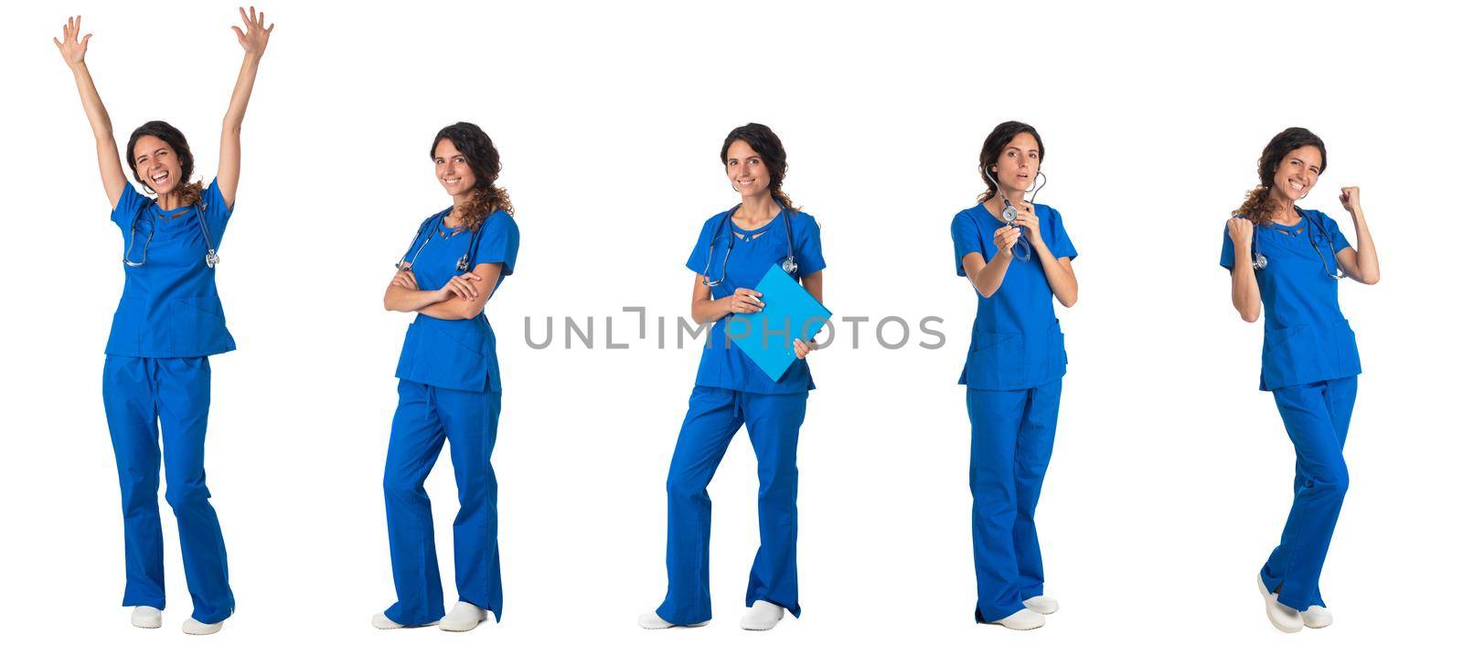 Set of Full length portraits of beautiful young woman female nurse doctor medical staff isolated on white background