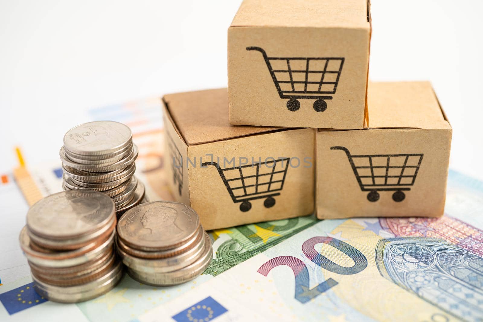 Shopping cart logo on box with coin and Euro banknotes. Banking Account, Investment Analytic research data economy, trading, Business import export transportation online company concept.