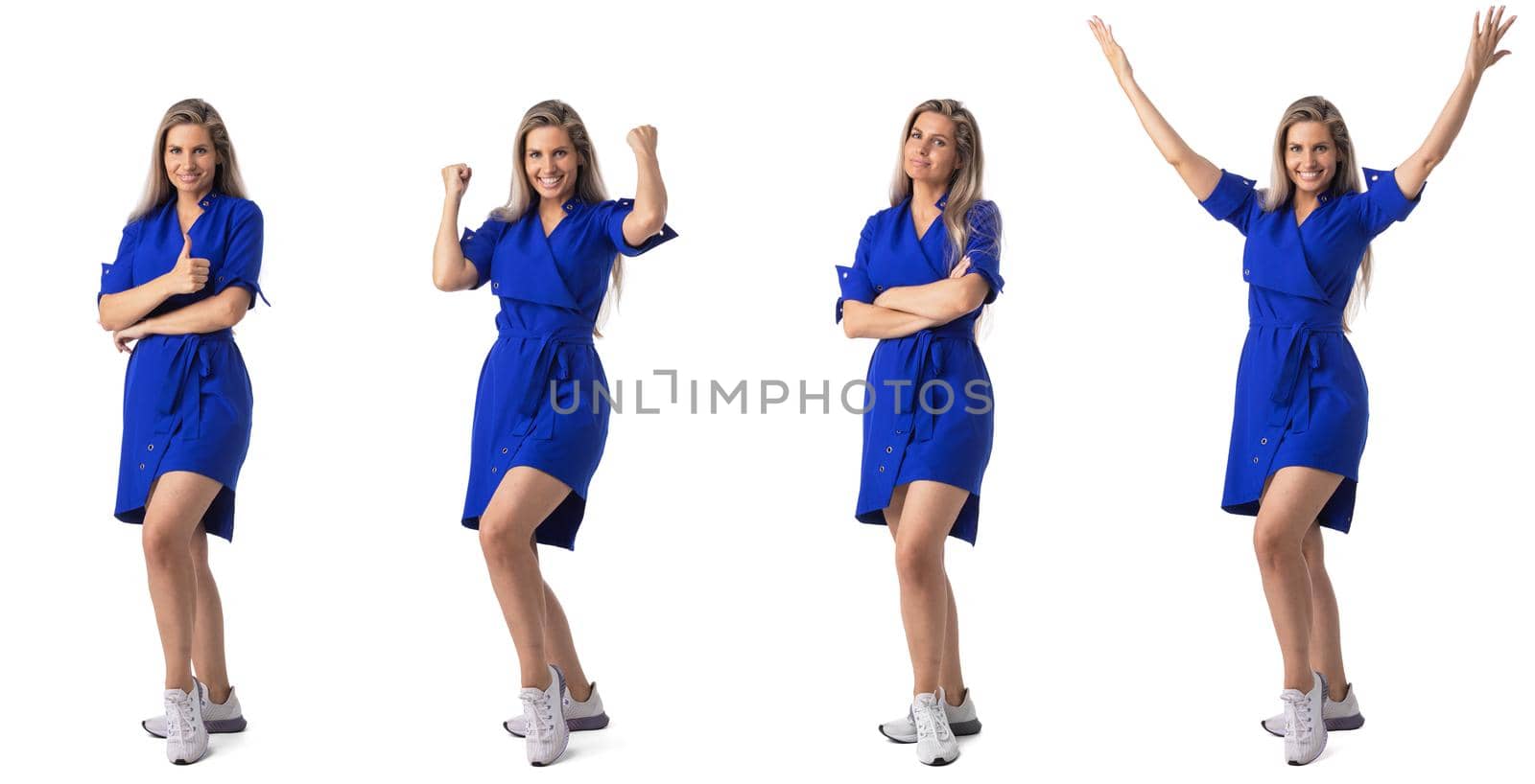 Collage of full length portriats of young woman in casual dress isolated on white background