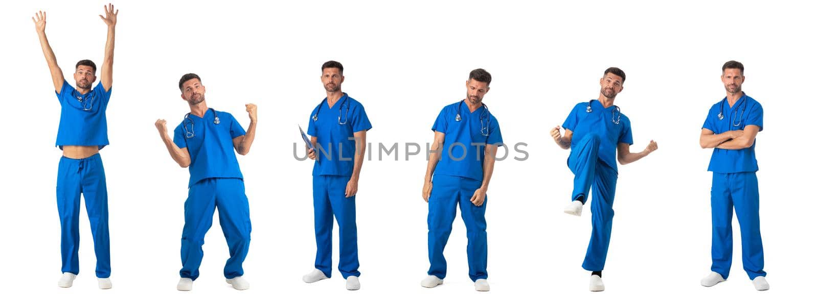 Set of Full length portraits of handsome young man male nurse doctor medical staff isolated on white background