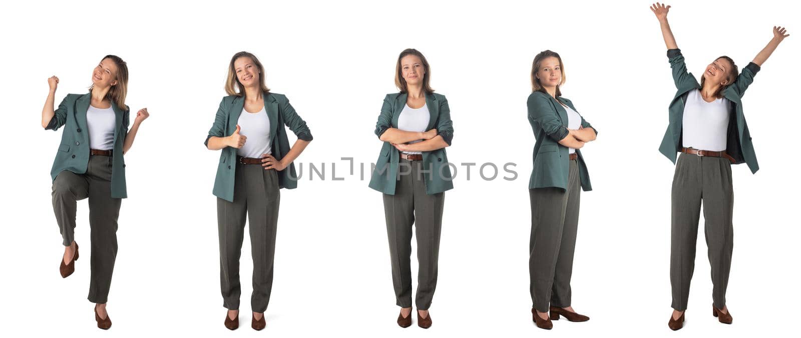 Collage Full length emotional portraits of business woman isolated on white background