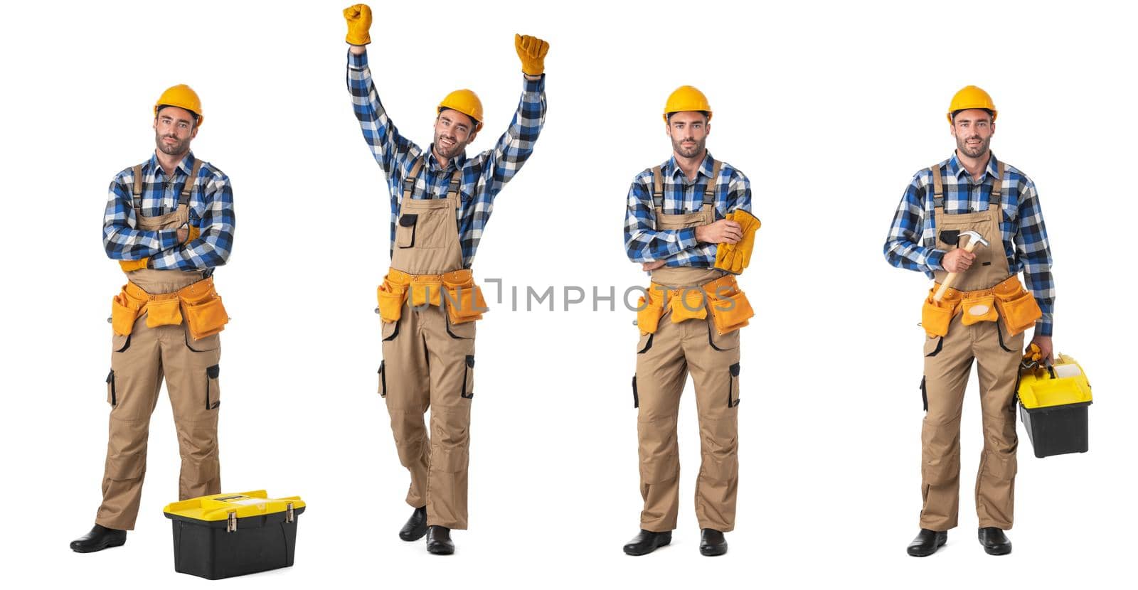 Set of professional worker portraits. Contractor isolated over white background.