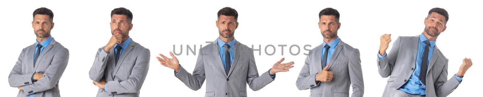 Set of mature business man portraits doing different gestures studio isolated on white background