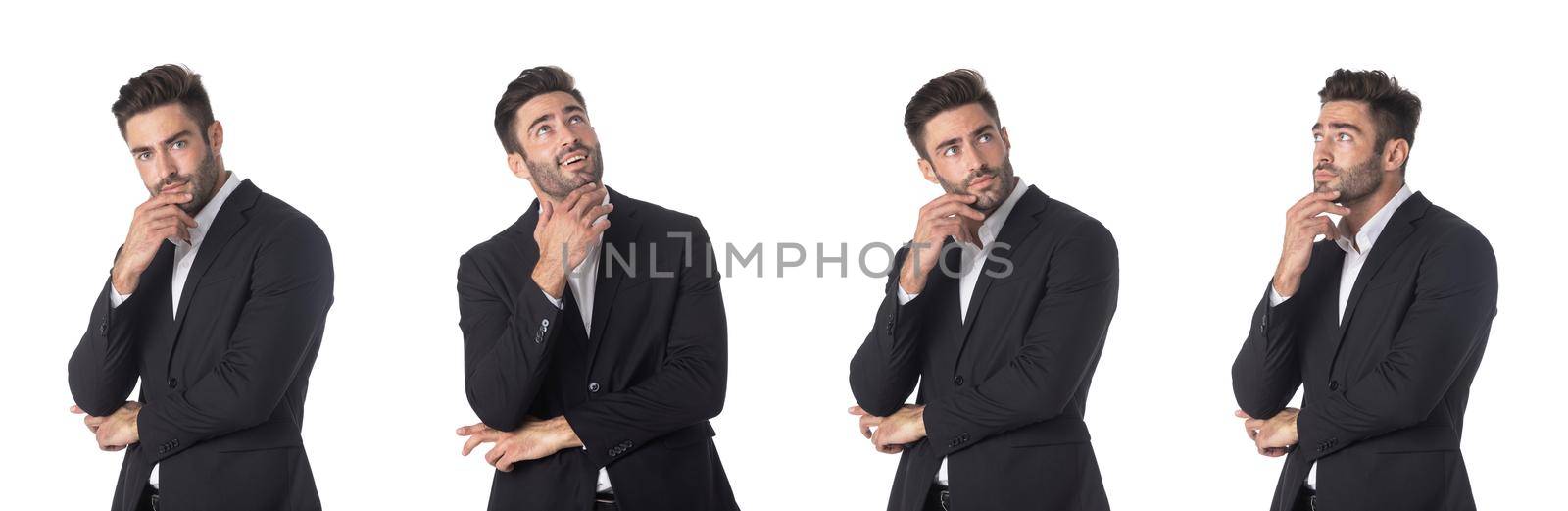 Set of portraits of Handsome young business man think looking up to empty copy space, businessman hold hand on chin isolated over white background