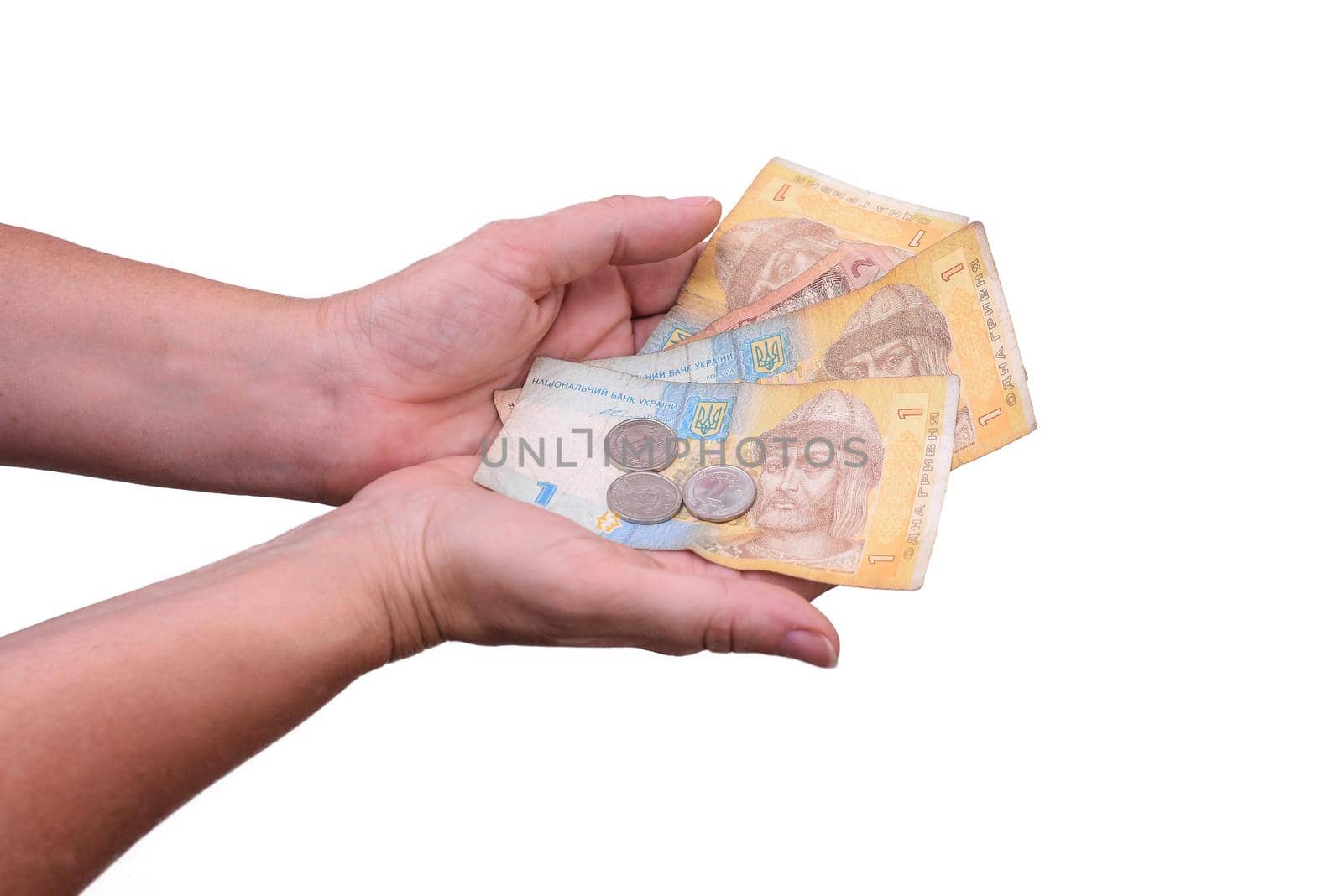UAH hryvnia, paper banknotes and metal coins. isolated on a white background. by ja-aljona