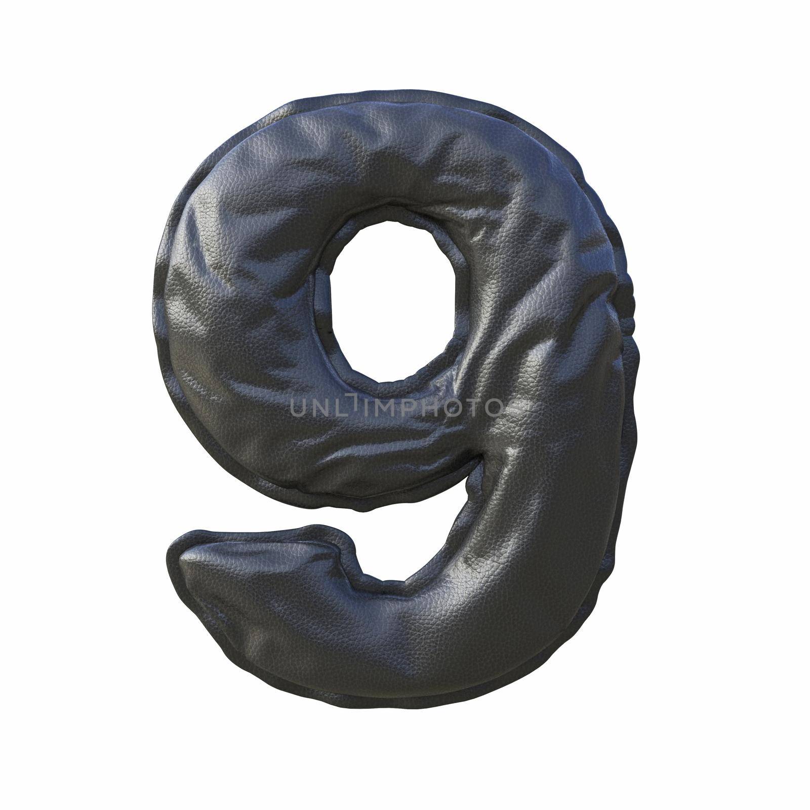 Black leather font Number 9 NINE 3D render illustration isolated on white background