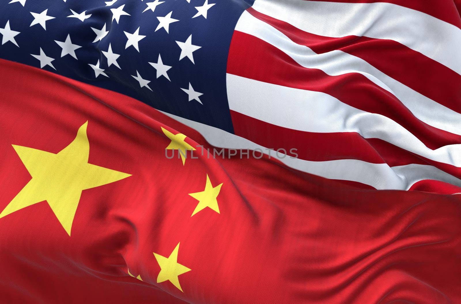 The flags of China and the United States of America waving. International relations and diplomacy.