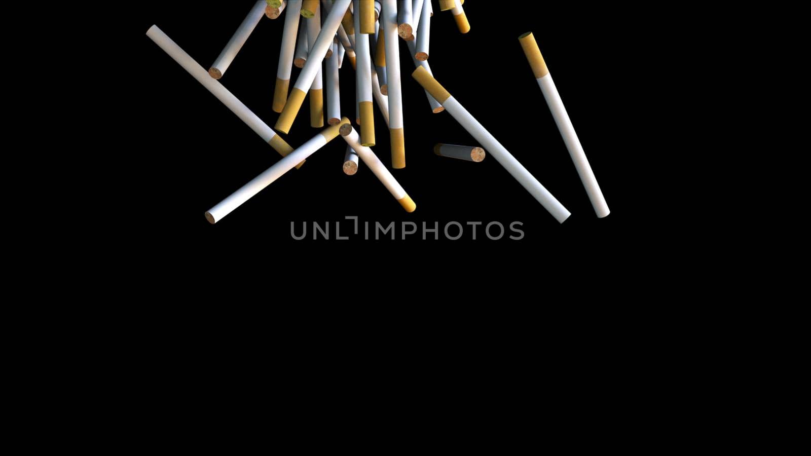 Stream of cigarettes with filter pouring into 3d render of surface. Presentation of environmental pollution and harm to health. Nicotine addiction and lung cancer symbol