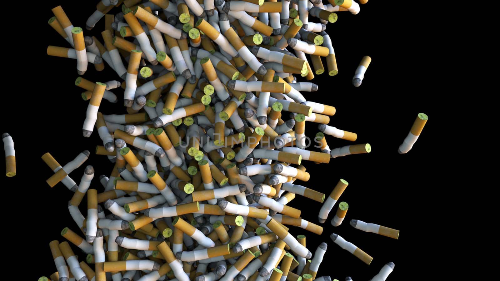 Stream of cigarettes with filter pouring into 3d render of surface. Presentation of environmental pollution and harm to health. Nicotine addiction and lung cancer symbol