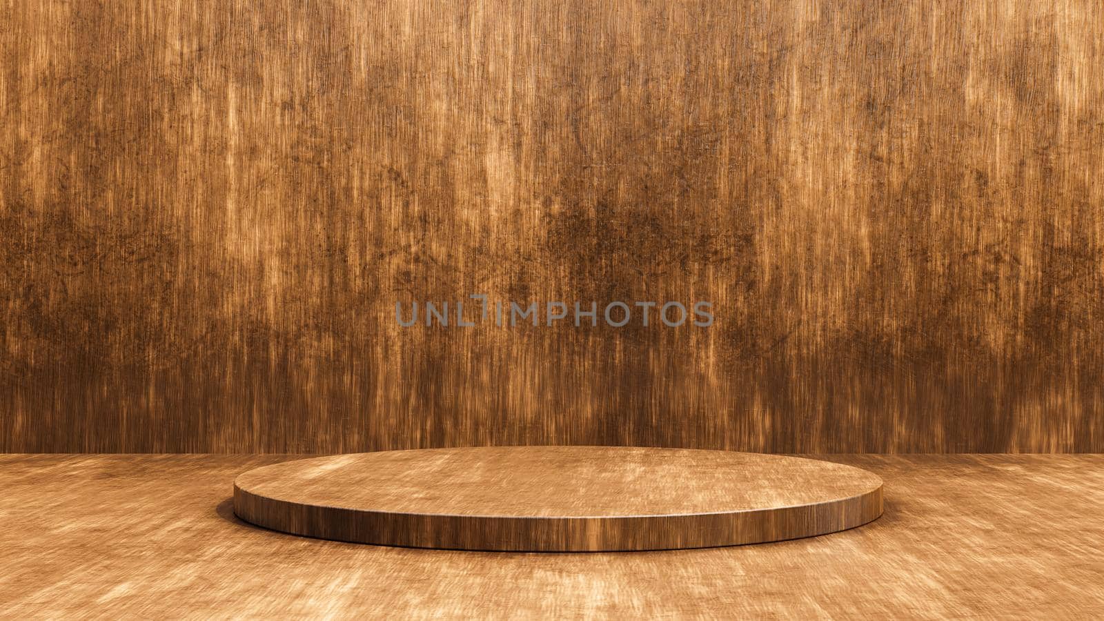 A wooden pedestal for advertising products. Detailed wooden background. 3D illustration