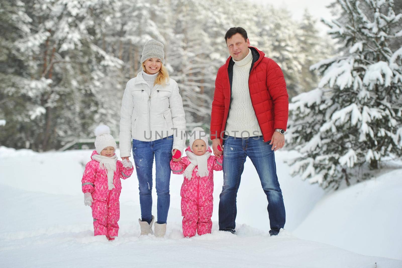 A large family with children on a walk in winter in the forest by Lobachad