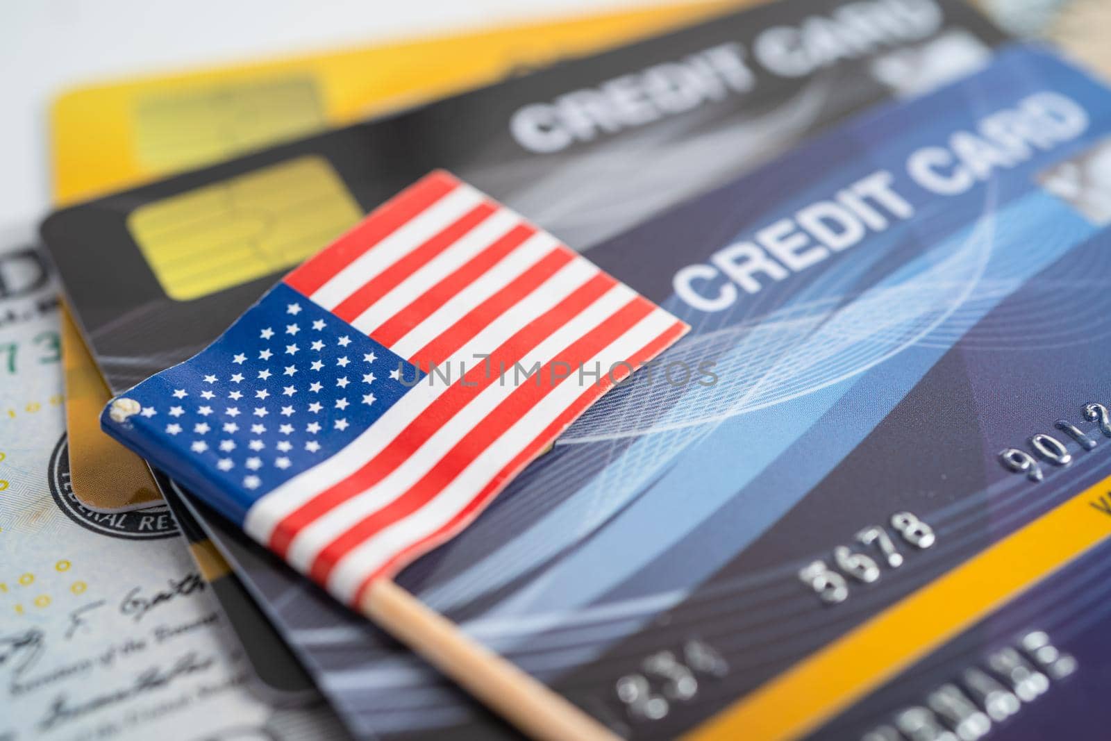 US America flag on credit card. Finance development, Banking Account, Statistics, Investment Analytic research data economy, Stock exchange trading, Business company concept.