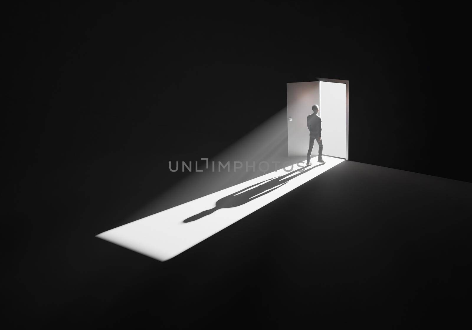 person coming out of a dark room through a very bright doorway. conceptual minimalism. 3d rendering