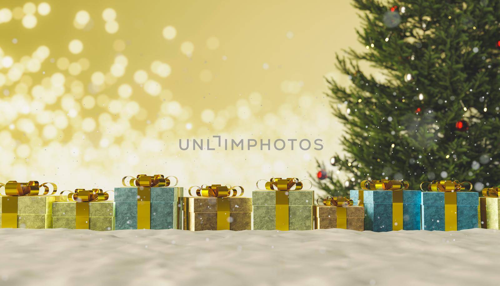 snowy christmas background with row of gifts and christmas tree with blurred light background. 3d rendering