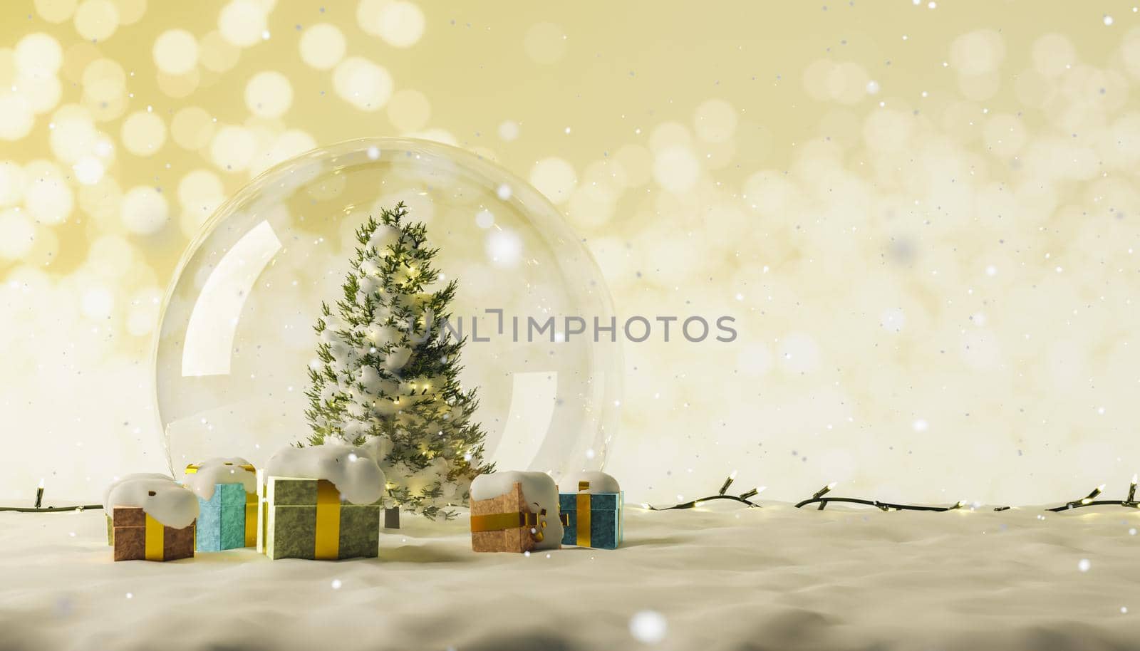 christmas ball on snow with gifts around and background of bright lights out of focus. 3d rendering