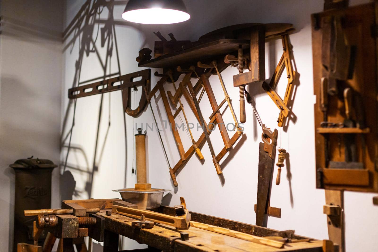 Carpenter's workshop. Woodworking tools close up.
