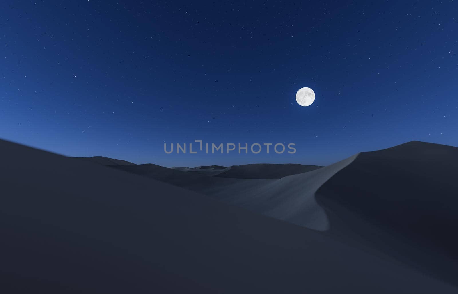 desert landscape of dunes with full moon illuminating the sand and starry sky. 3d rendering