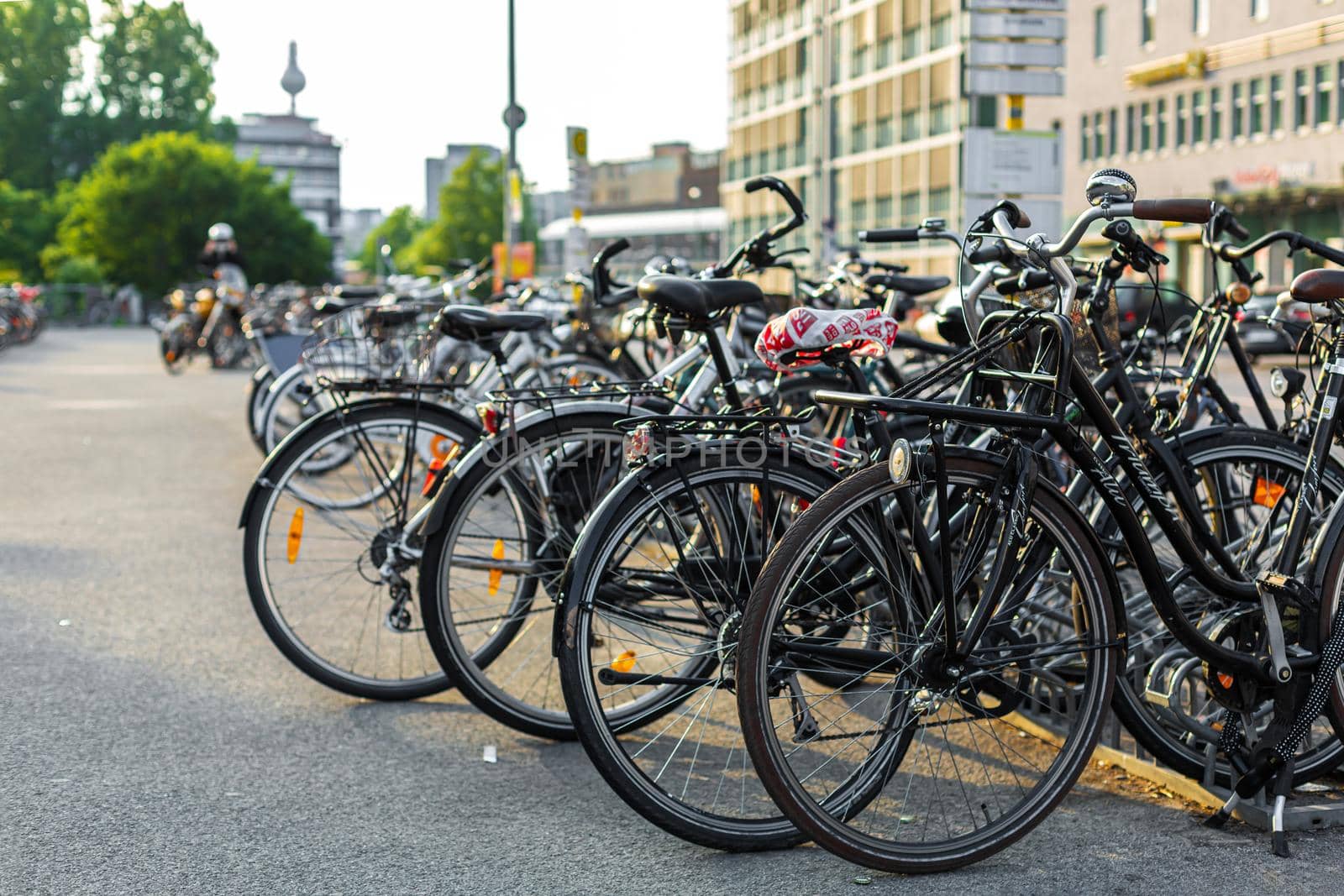 Bicycle parking in Europe. Popular urban transport. Berlin, Germany - 05.17.2019