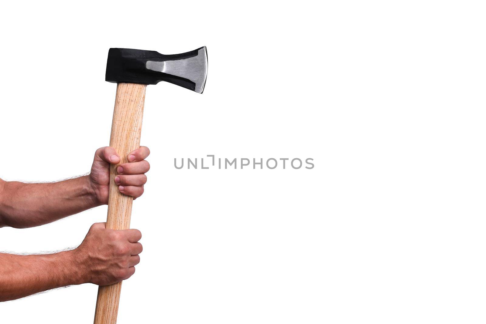 axe cleaver. hatchet in male hands on a white background. close-up. isolated