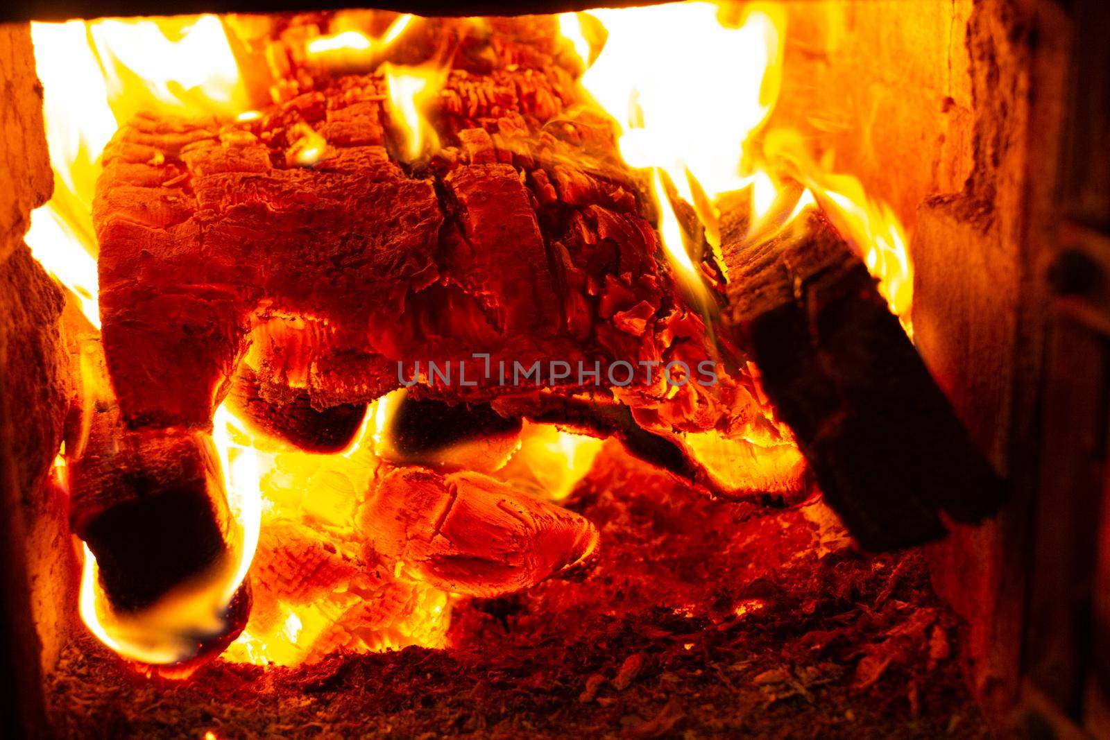 burning wood charcoal in the oven fire by SorokinNikita