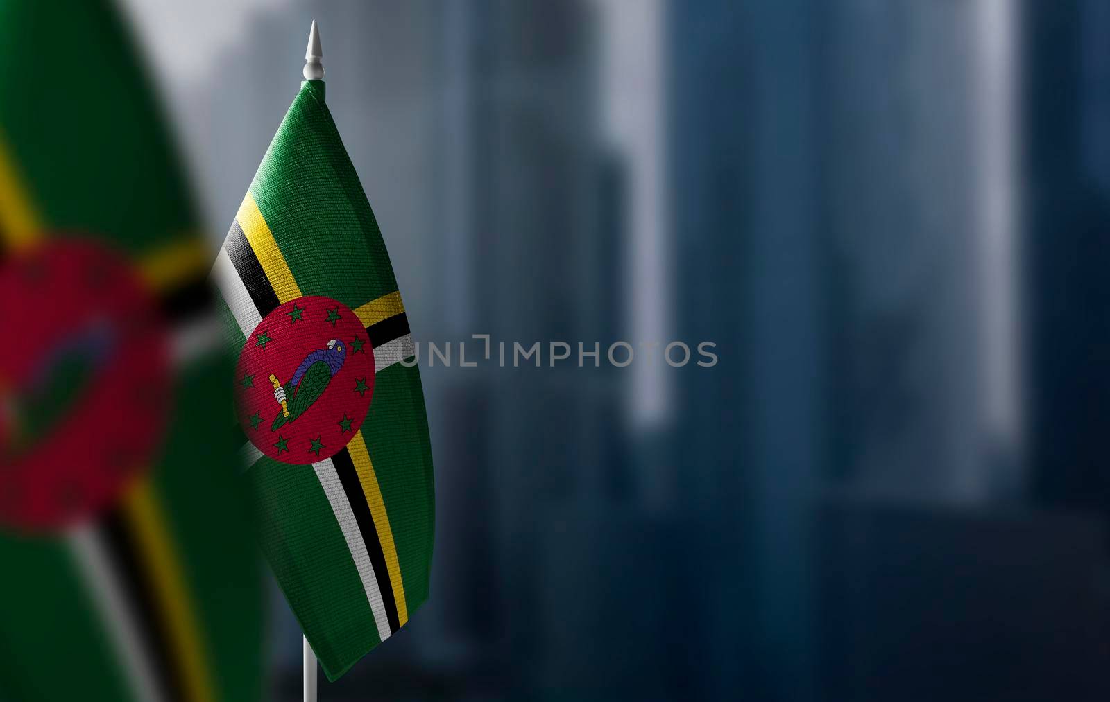 Small flags of Dominica on a blurry background of the city.