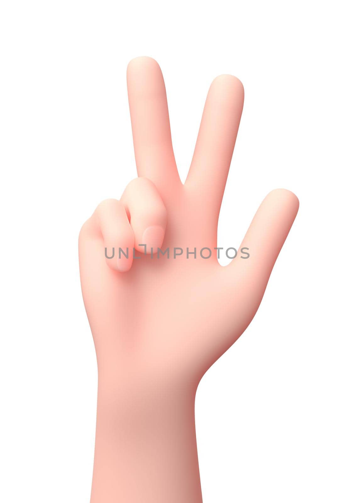 Three Fingers Raised Hand. 3D Cartoon Character. Isolated on White Background 3D Illustration, Number 3 Concept