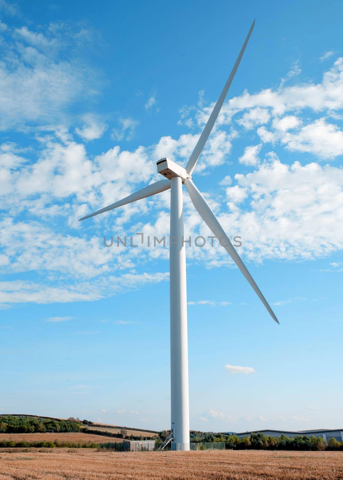 wind turbine in the field against blue sky on sunny day by Iryna_Melnyk