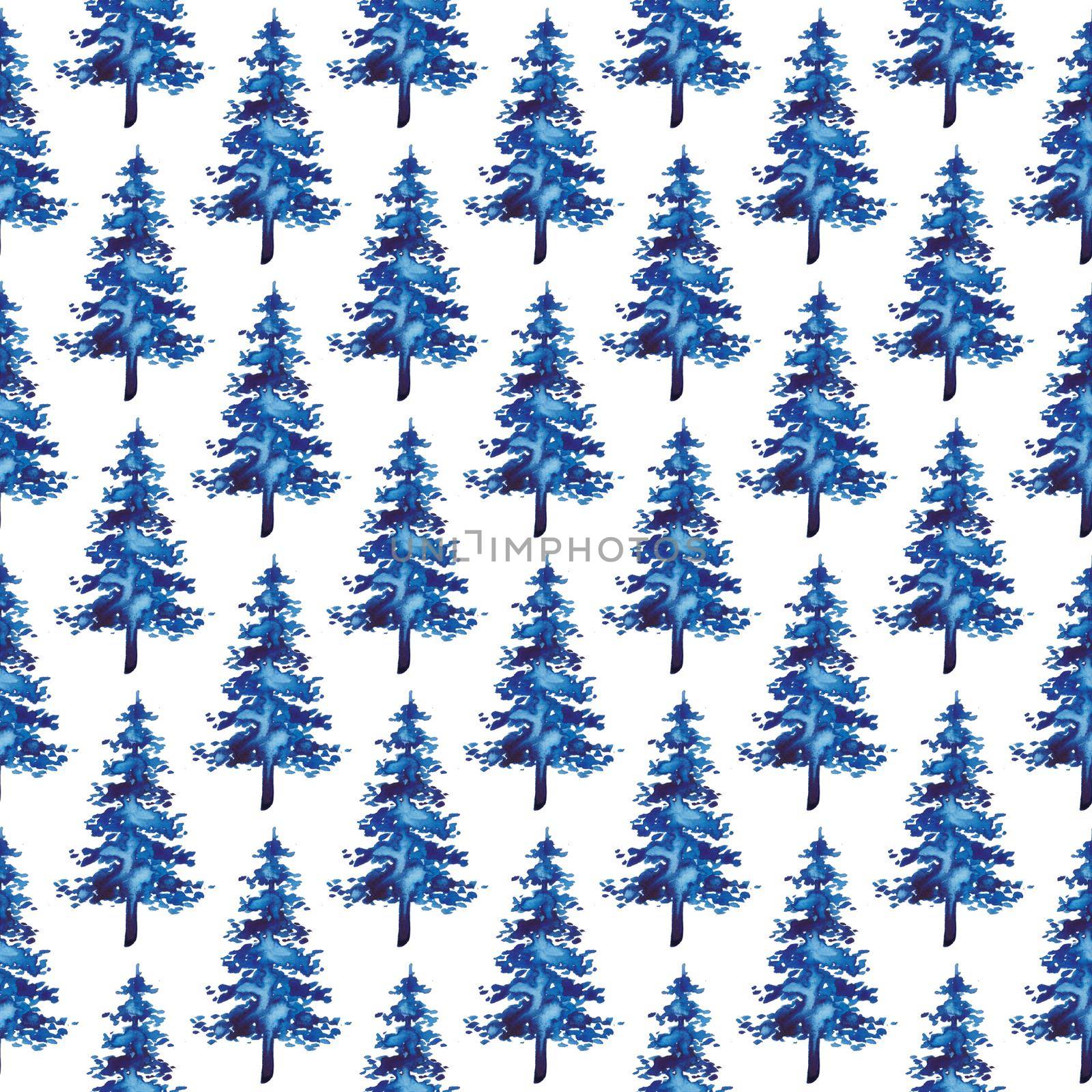 XMAS watercolor Fir Tree Seamless Pattern in Blue Color. Hand Painted Spruce Pine tree background or wallpaper for Ornament, Wrapping or Christmas Decoration.