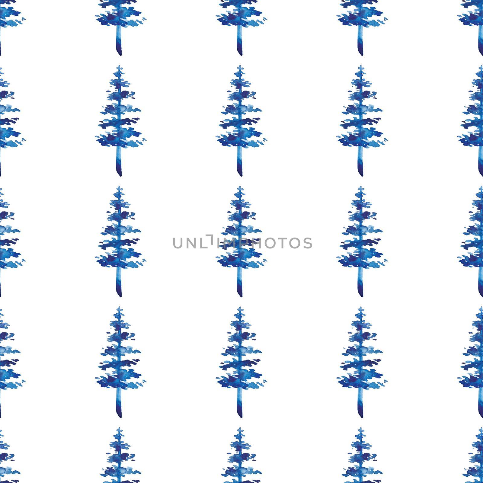 XMAS watercolor Fir Tree Seamless Pattern in Blue Color. Hand Painted Spruce Pine tree background or wallpaper for Ornament, Wrapping or Christmas Decoration.