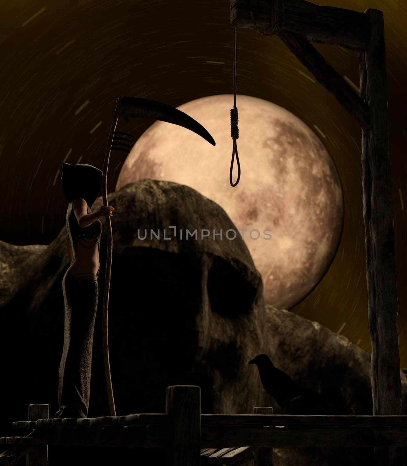 Gallow on a spooky night with a full moon and a female death angel holding a scythe. A crow sits on the gallow base. by ankarb