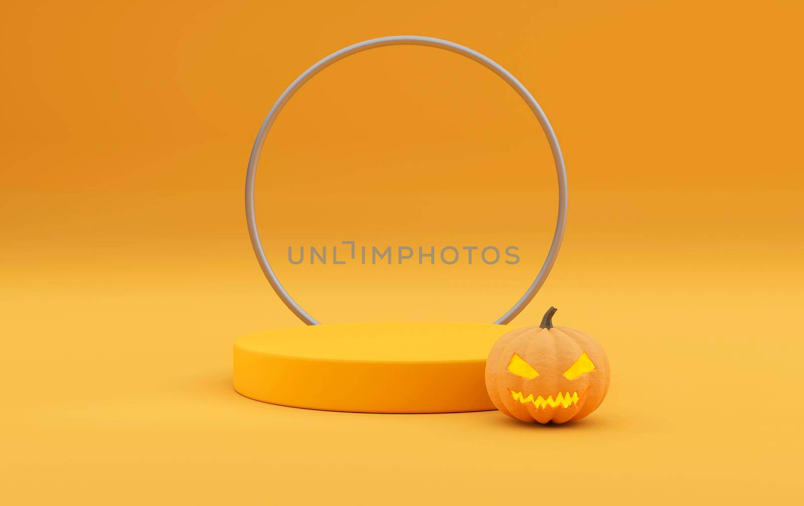 3D pedestal podium on orange background. Pumpkin with frame rim. Halloween Jack o lantern display showcase, product promotion. Abstract spooky 3D render