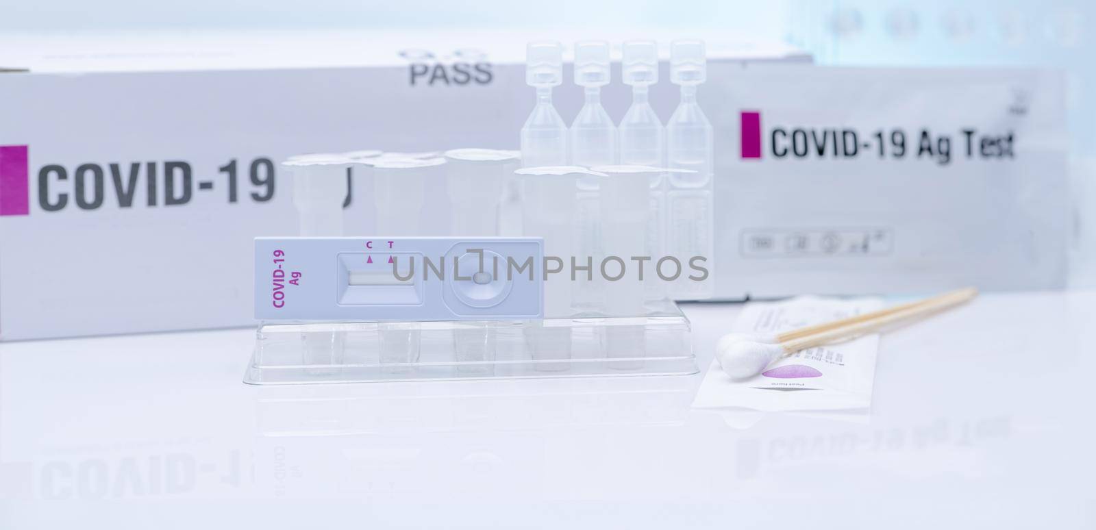 Covid 19 antigen self test for nasal swab. Antigen test kit for home use to detection coronavirus infection. Rapid antigen test. Corona virus diagnosis. Medical device for covid-19 Antigen test.