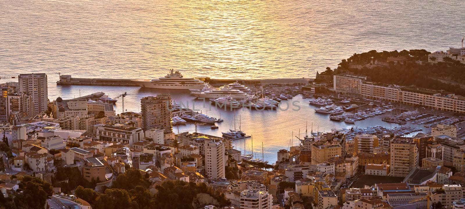 Monte Carlo luxury yacht harbor Port Hercules aerial sunrise view by xbrchx