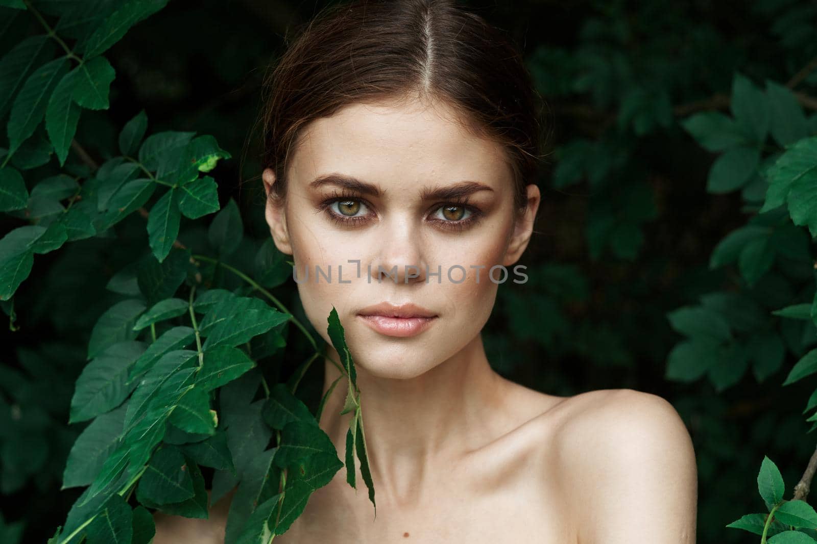 beautiful woman skin care bare shoulders green leaves nature Lifestyle by Vichizh