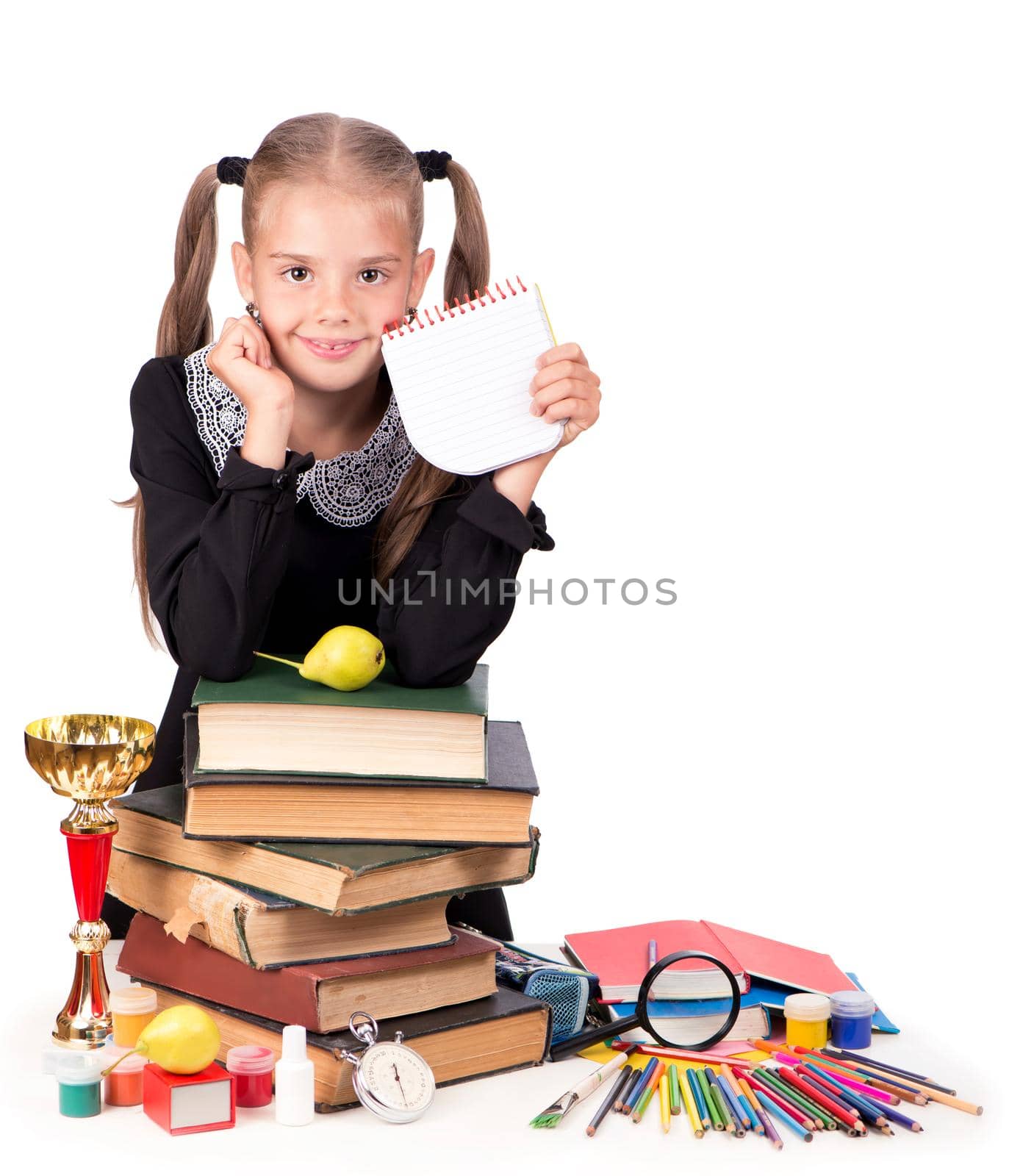 Caucasian child girl with school supplies stationary isolated on white background. by aprilphoto