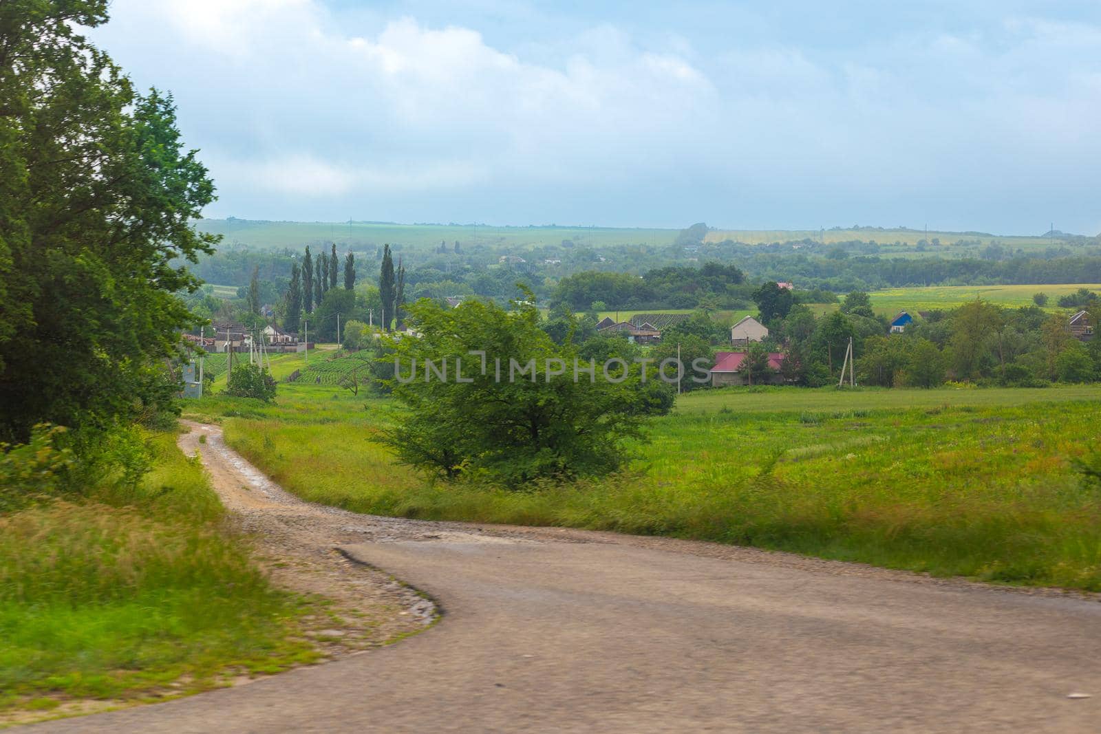 Rural landscape. Country road in a village with houses and vegetable gardens on a summer day.