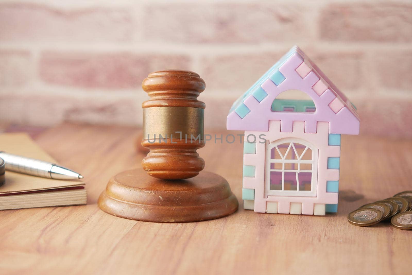 Top view of gavel and book with copy space on table .