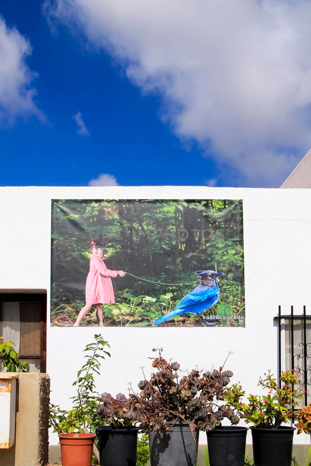 Rodalquilar, Almeria, Spain- September 3, 2021: Whitewashed houses with nice pictures on the wall in Rodalquilar, Andalusia, Spain