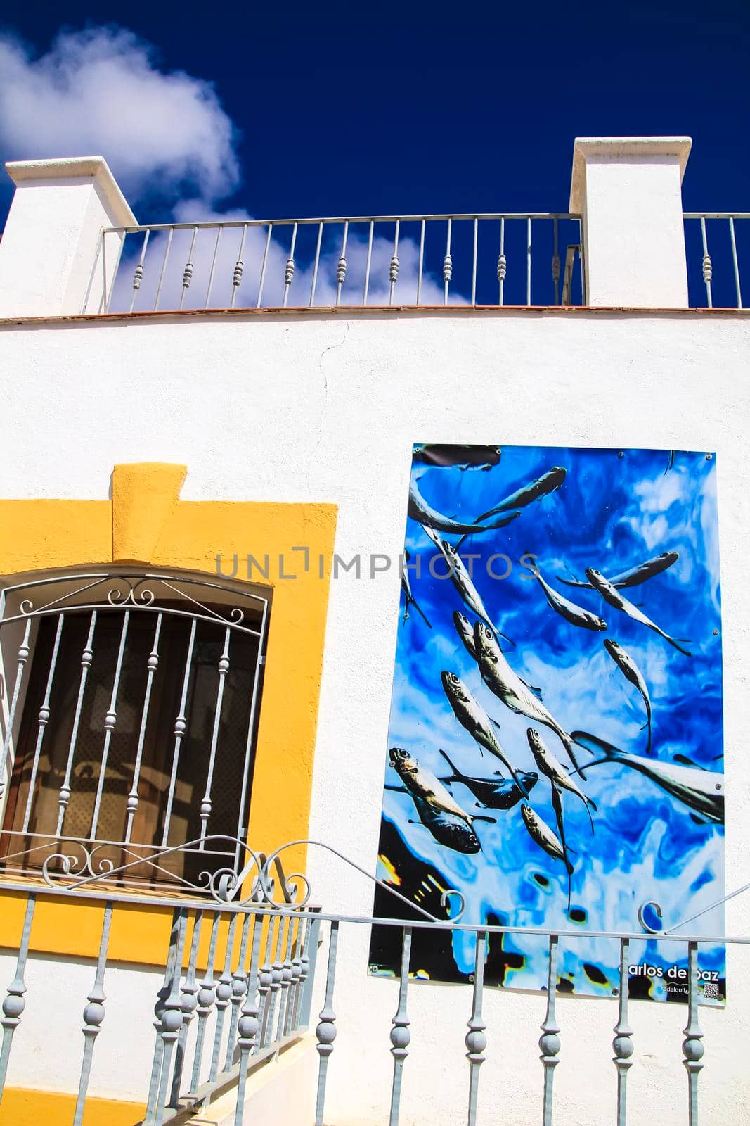 Rodalquilar, Almeria, Spain- September 3, 2021: Whitewashed houses with nice pictures on the wall in Rodalquilar, Andalusia, Spain