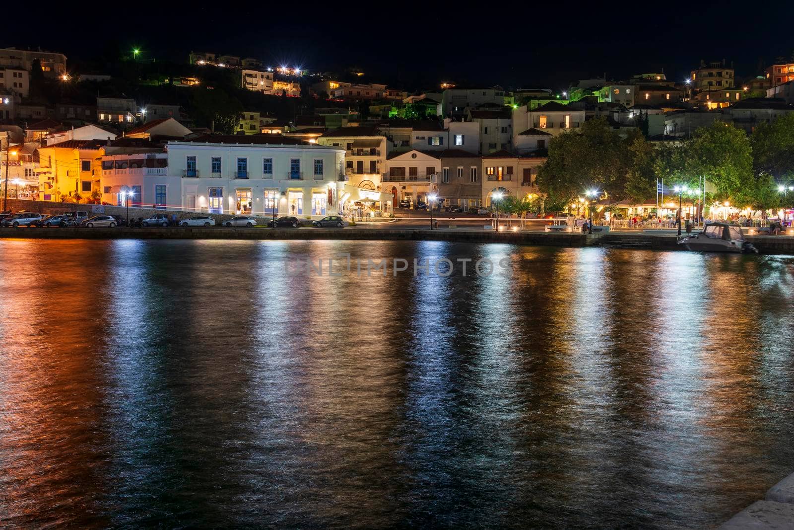 View of the town of Pylos located at southern Greece, captured at night. Pylos is located in Messinia prefecture, Greece.