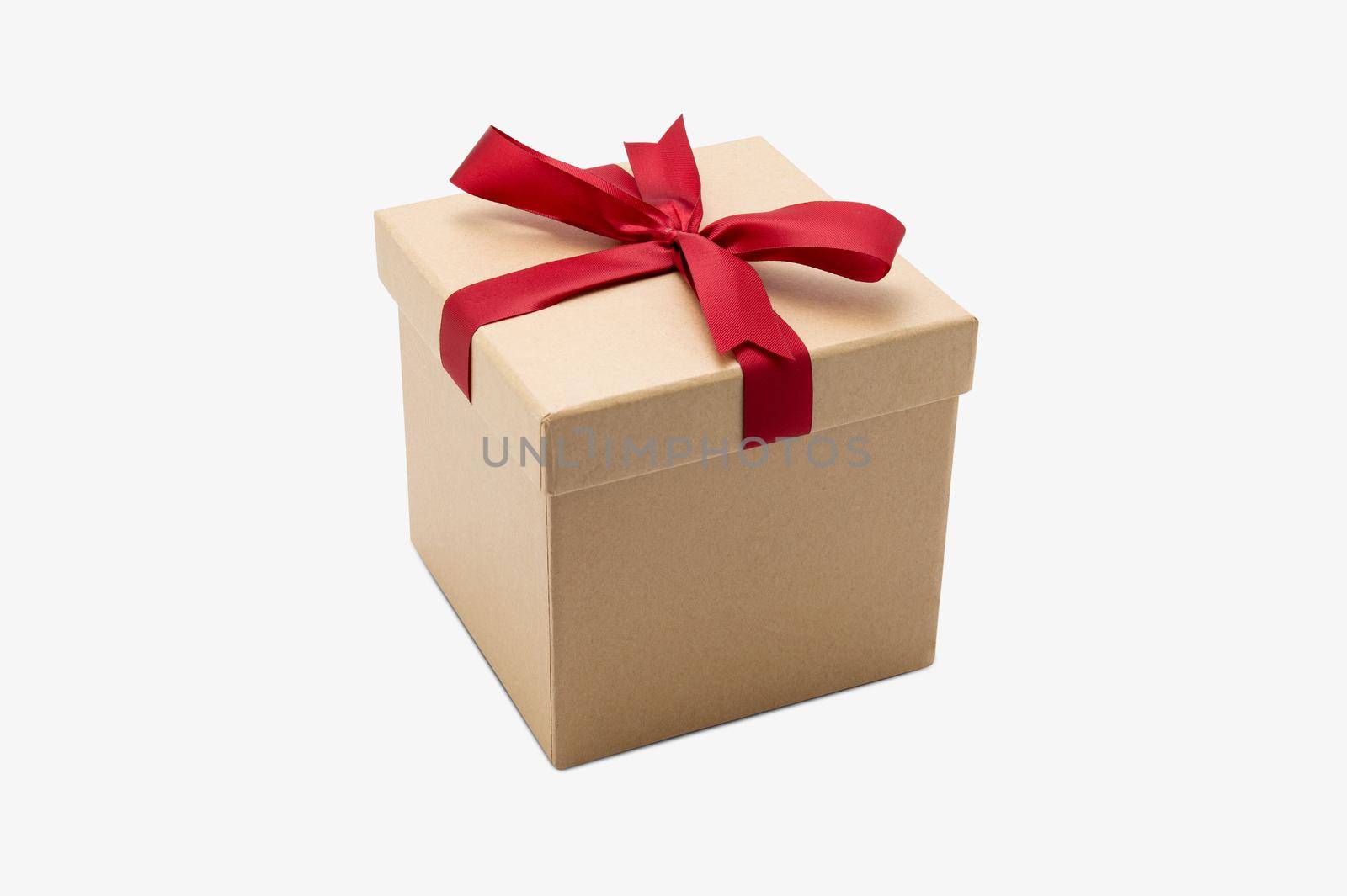 Gift box kraft on isolated on white background with romantic, presents for Christmas day or valentine day, package with congratulation, wrapped paper, spring for decoration, copy space, holiday concept. by nnudoo