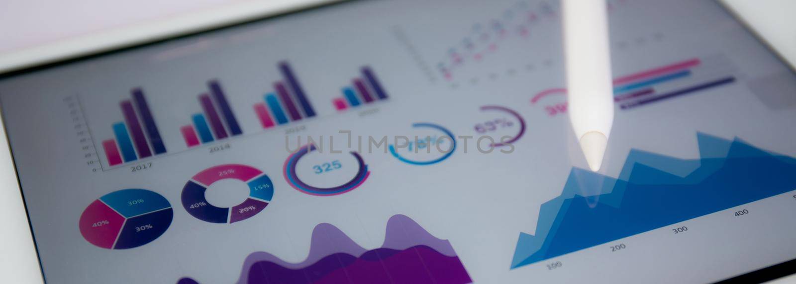 Report graph and chart of investment with finance on tablet computer on desk, datum of stock and growth, planning and statistic with economic, no people, digital marketing, business concept.