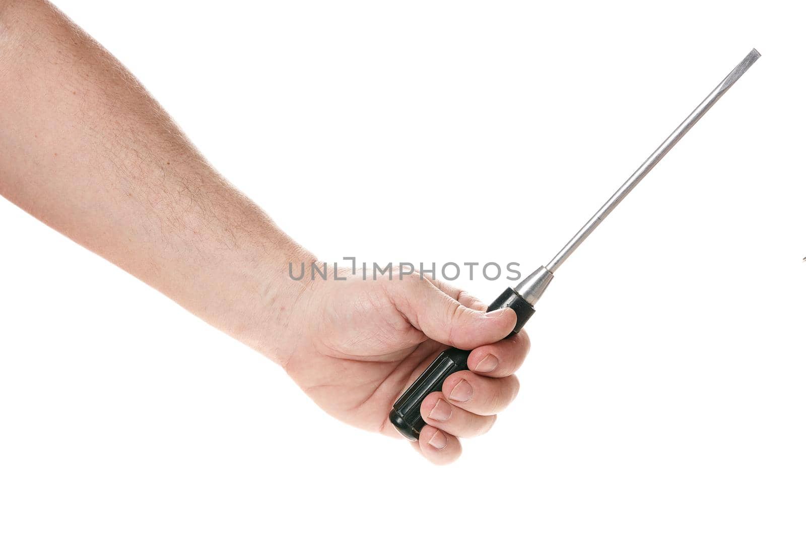Hand holds a screwdriver on a white background, a template for designers. Close up