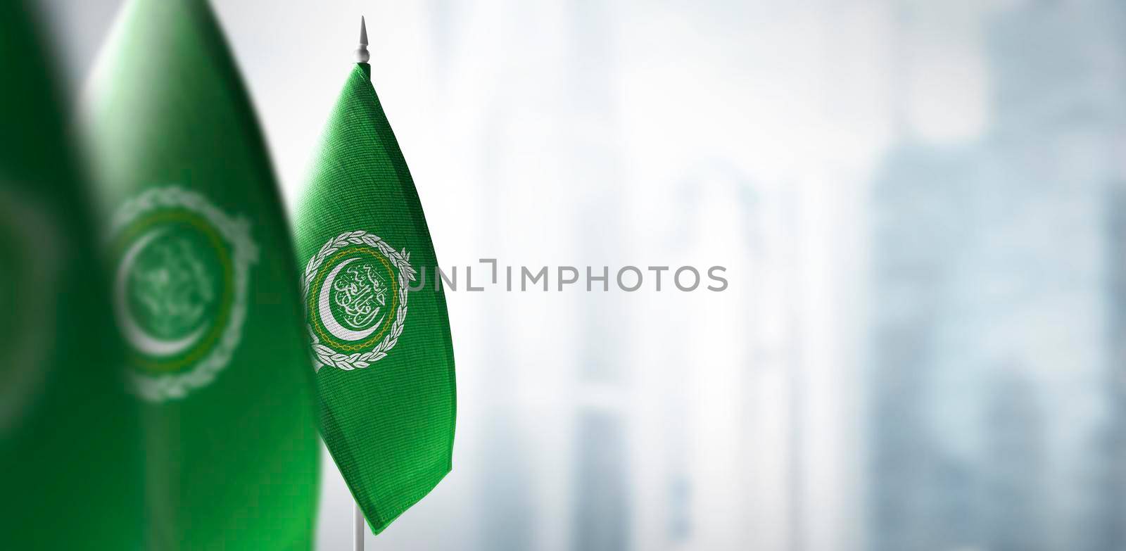 Small flags of Arab League on a blurry background of the city.