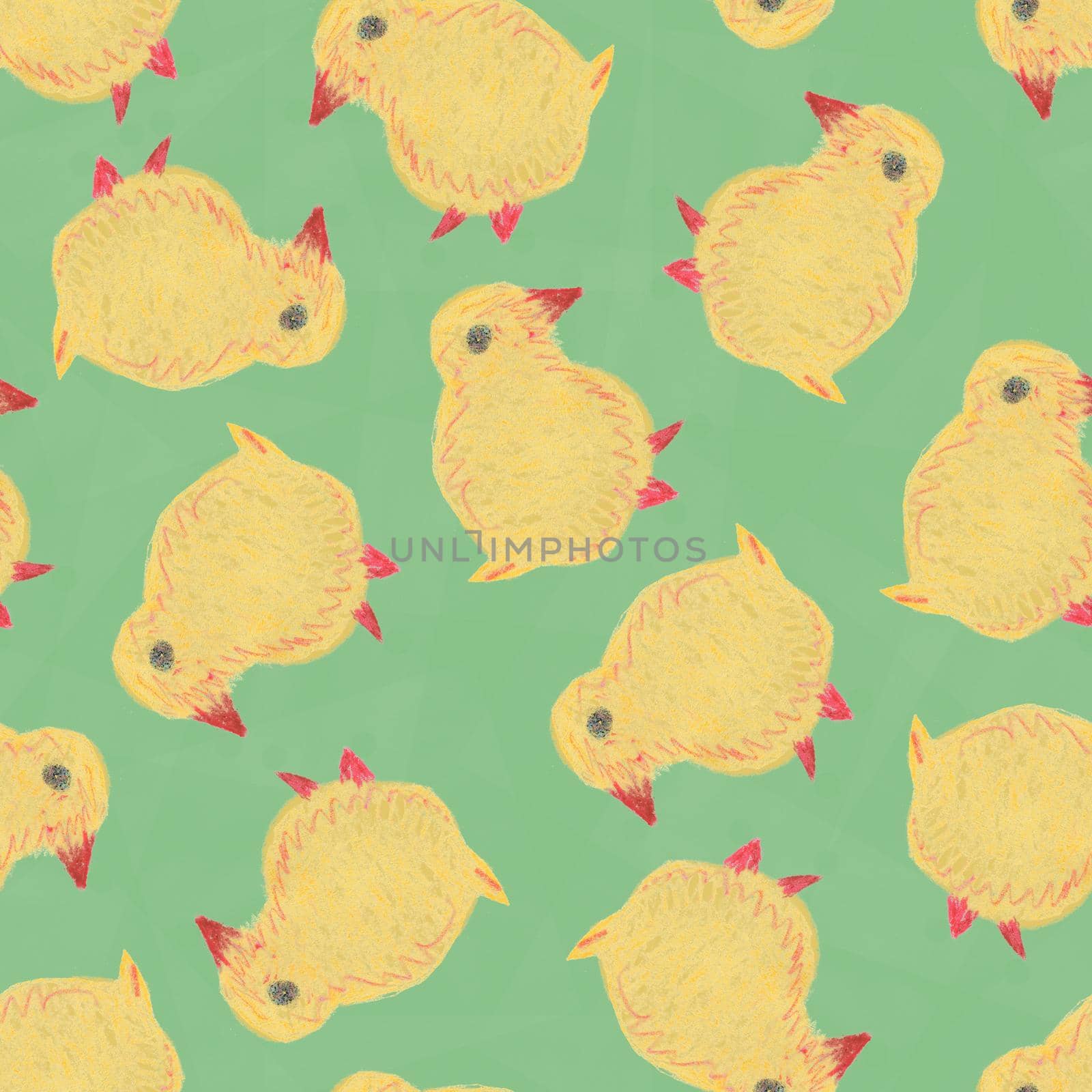Cute Cartoon Hand Drawn Seamless Pattern With Little Yellow Chick. Funny Easter Watercolor Chicken on Green Background.