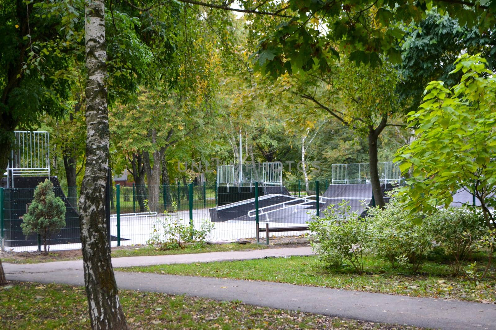 skatepark ramps in the park on autumn. High quality photo