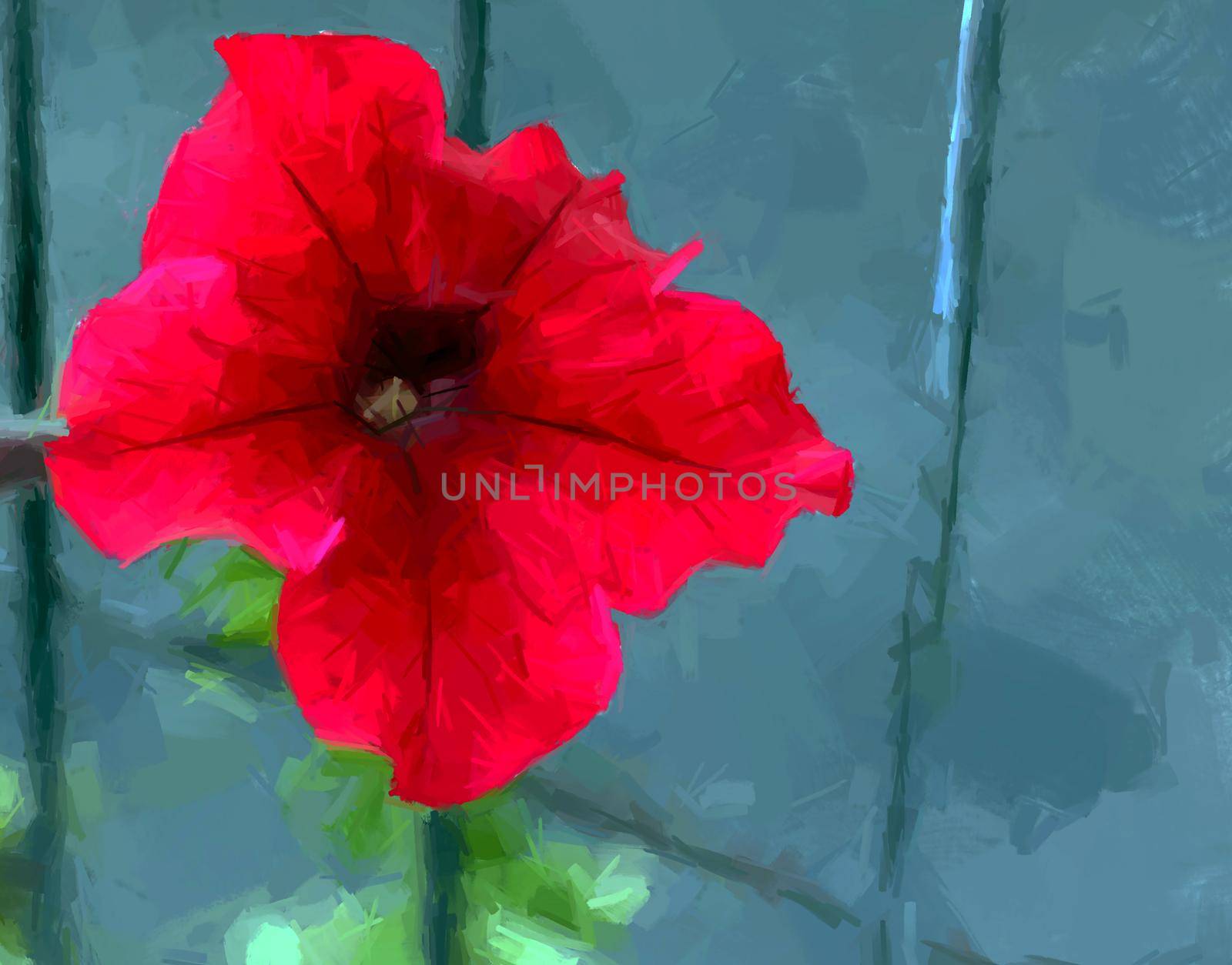Decorative background with red flower over green, digital painting