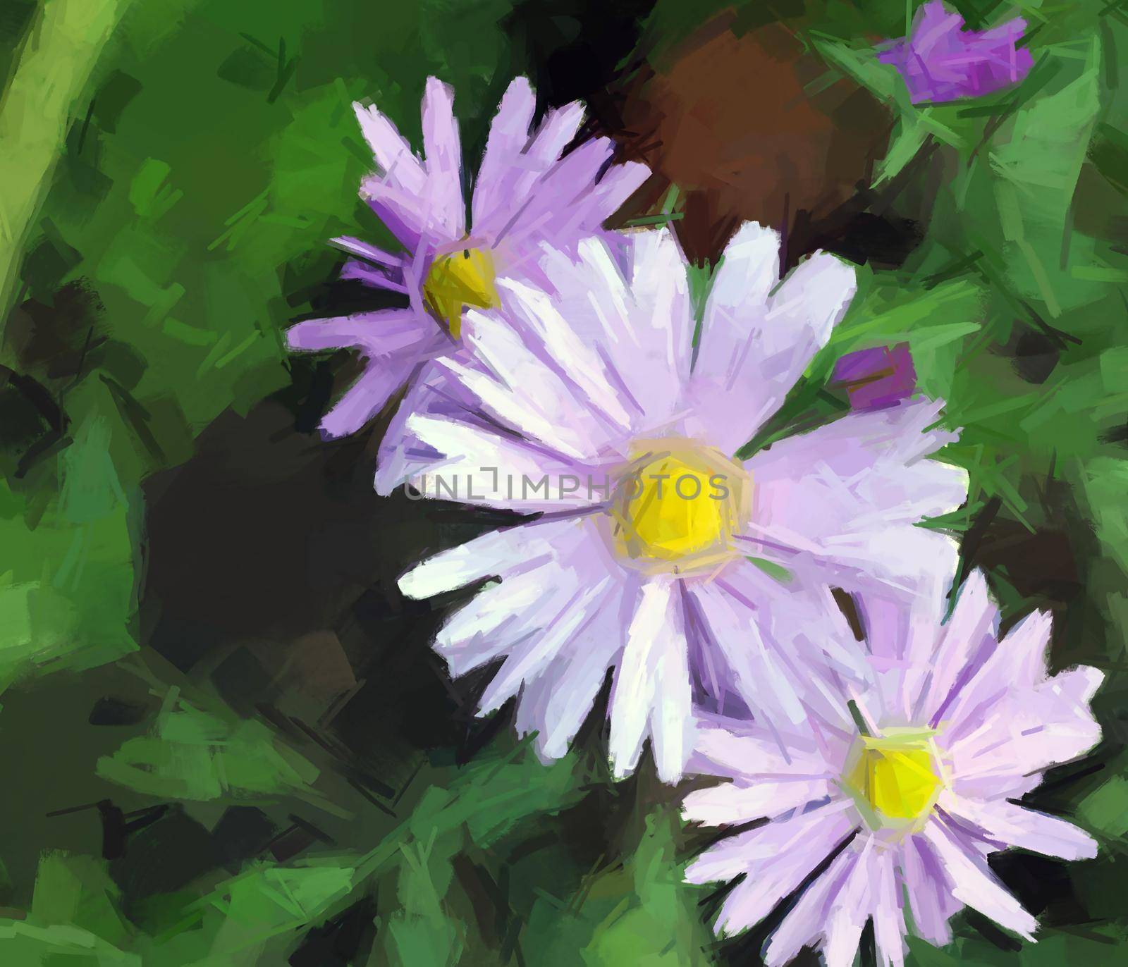 Digital painting with purple flowers over green