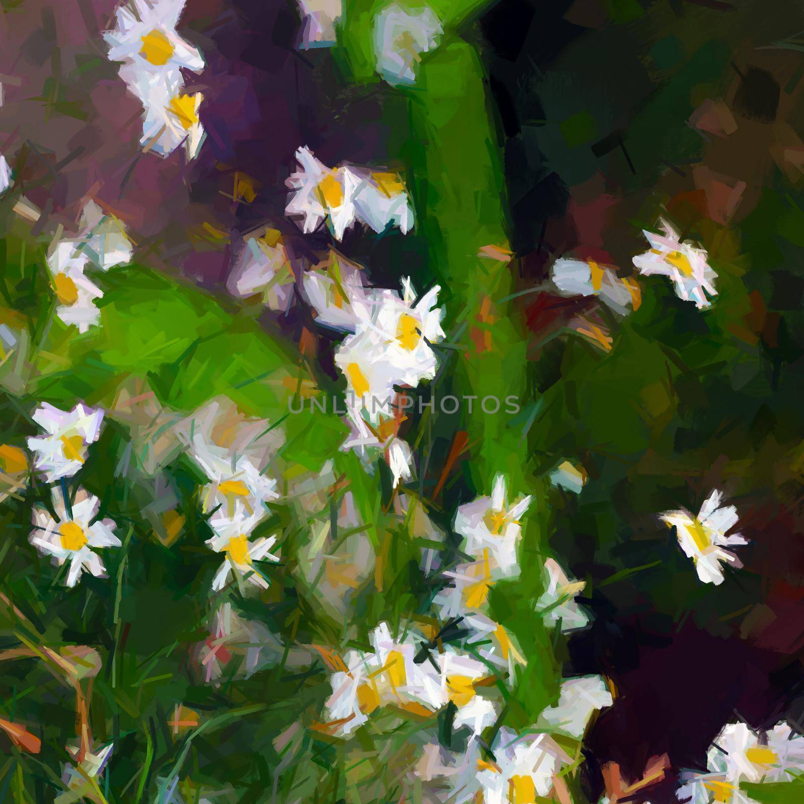 Daisies floral digital painting, mixed media absrtact background