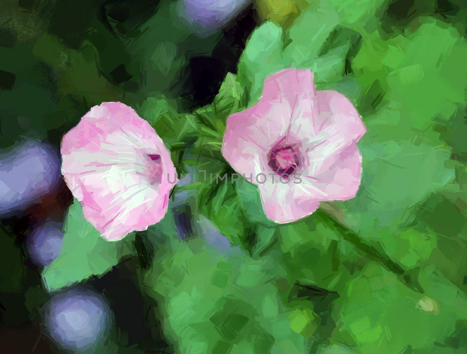 Digital painting composition with purple flowers